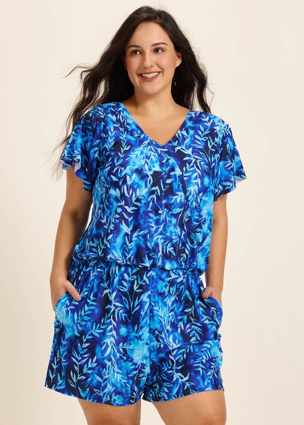 Blue Leaf V Neck Upf50+ Short Sleeves Vintage Pocket Curvy Swimsuit One Piece Swim Romper