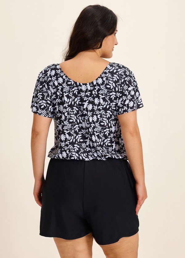 Plus Size Black Floral Upf50+ Short Sleeves Modest Pocket Swimsuit One Piece Swim Romper