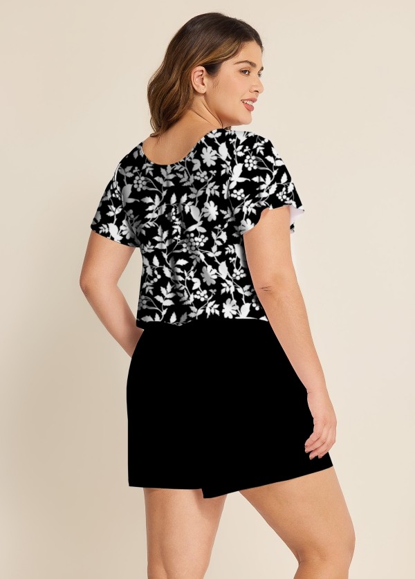 Plus Size Black Floral Upf50+ Short Sleeves Modest Pocket Swimsuit One Piece Swim Romper