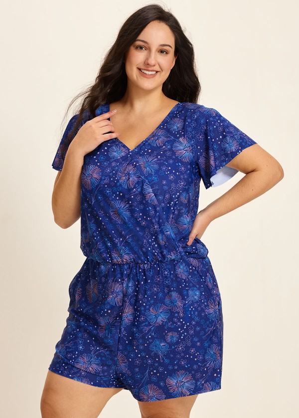 Curvy Navy Blue Floral Print Upf50+ Short Sleeves Pocket Swimsuit One Piece Swim Romper