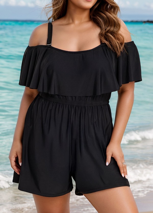 Plus Size Black Off The Shoulder Ruffles 1 Piece Bathing Suits Romper One Piece Swimsuit