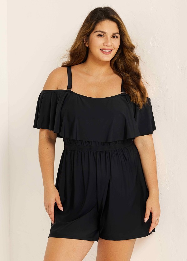 Plus Size Black Off The Shoulder Ruffles 1 Piece Bathing Suits Romper One Piece Swimsuit