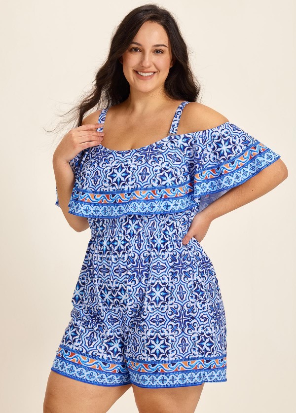 Curvy Blue Floral Print Off The Shoulder Flattering Ruffle Swimsuit One Piece Swim Romper