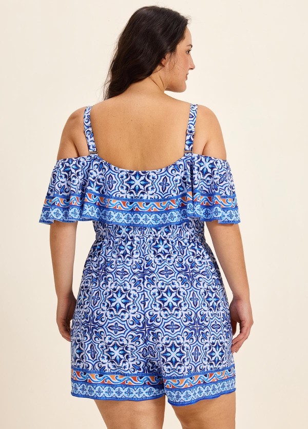 Curvy Blue Floral Print Off The Shoulder Flattering Ruffle Swimsuit One Piece Swim Romper