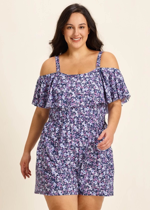 Purle Floral Print Flattering Off Shoulder Ruffled Plus Size Swimsuit One Piece Swim Romper