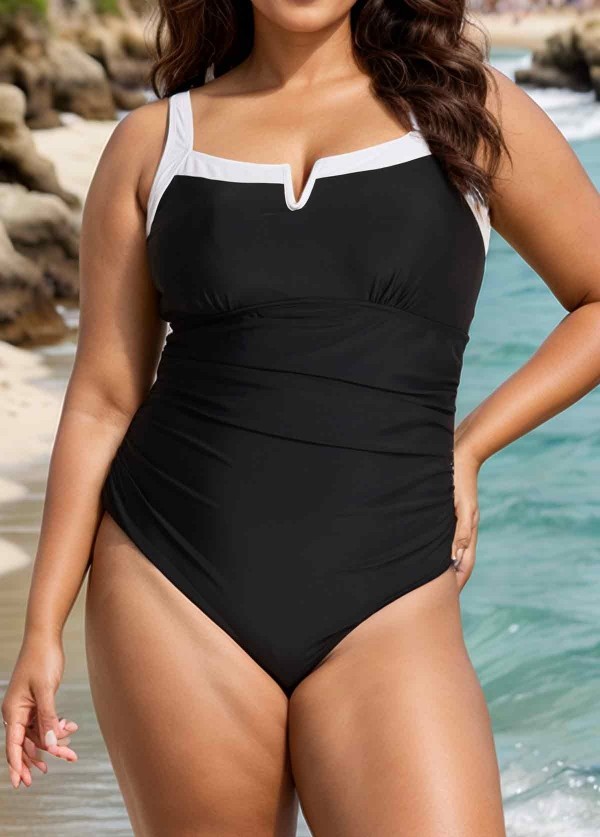 Plus Size Black And White Color Block 1 Piece Bathing Suits One Piece Swimsuit