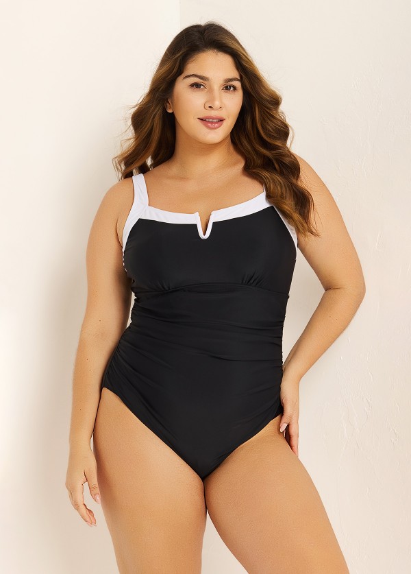 Plus Size Black And White Color Block 1 Piece Bathing Suits One Piece Swimsuit