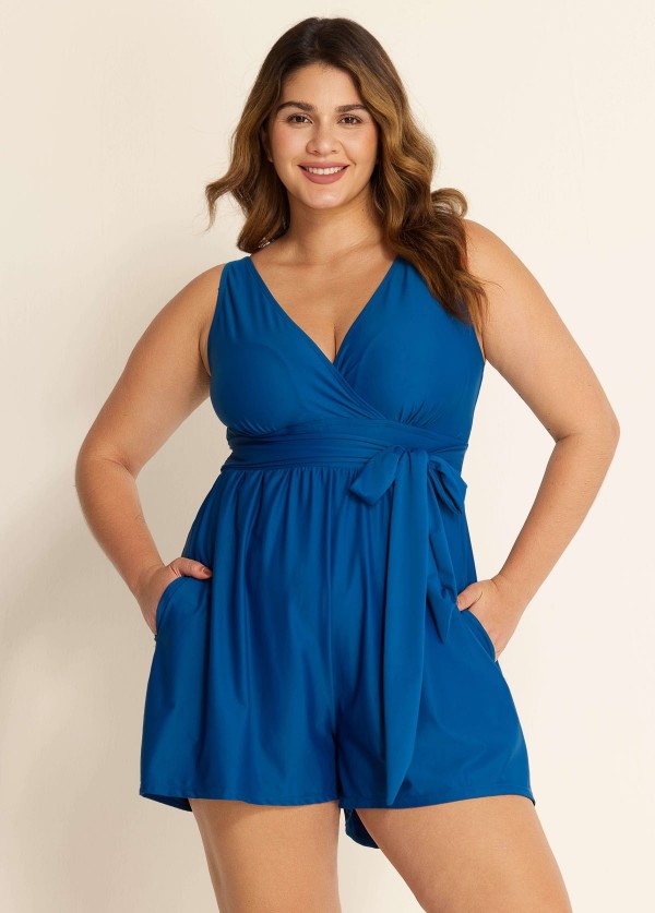 Blue Pocket Lace Up Plus Size 1 Piece Bathing Suits One Piece Swimsuit
