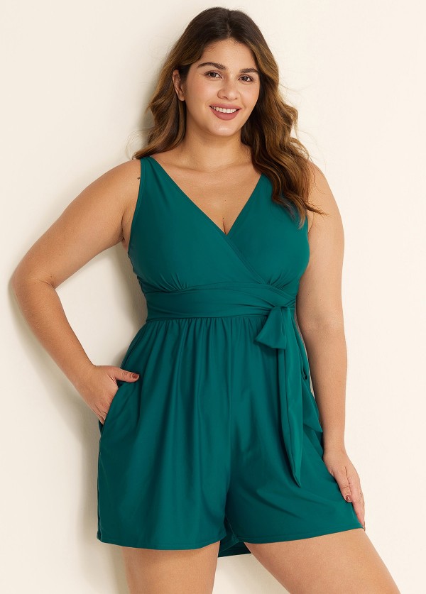 Green Pocket Lace Up Curvy 1 Piece Bathing Suits One Piece Swimwear