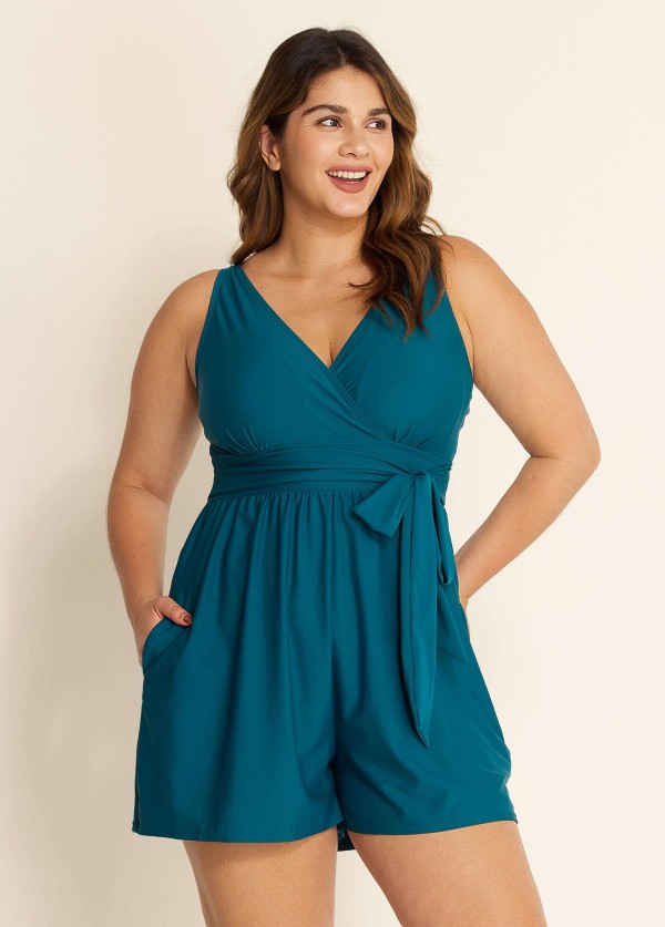 Green Pocket Lace Up Curvy 1 Piece Bathing Suits One Piece Swimwear