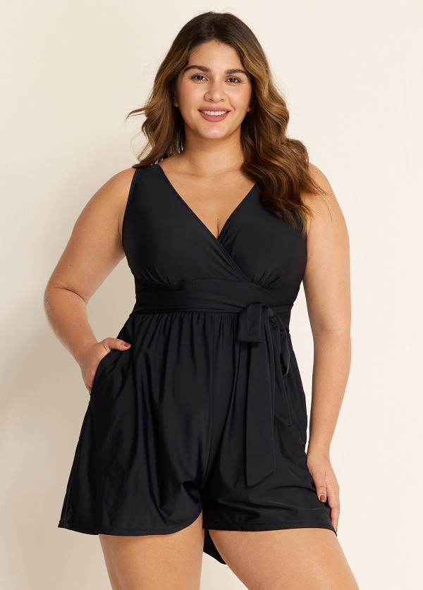 Plus Size Black Pocket Lace Up 1 Piece Bathing Suits One Piece Swimwear