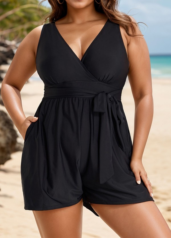 Plus Size Black Pocket Lace Up 1 Piece Bathing Suits One Piece Swimwear