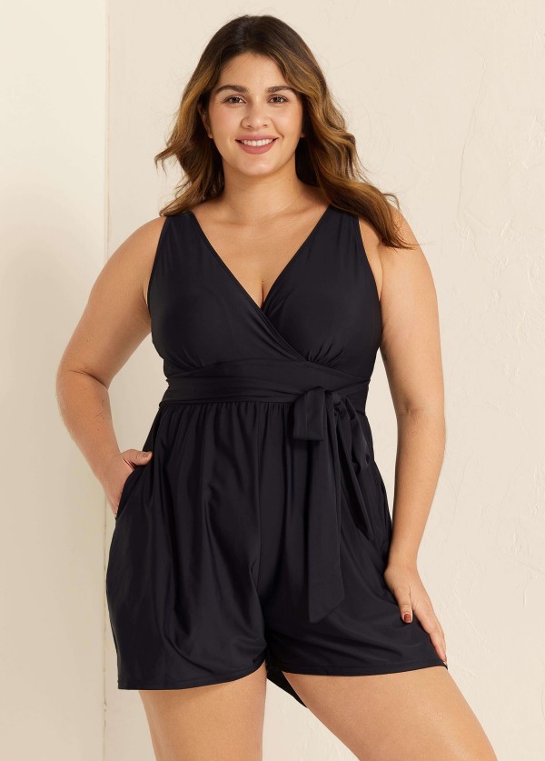 Plus Size Black Pocket Lace Up 1 Piece Bathing Suits One Piece Swimwear