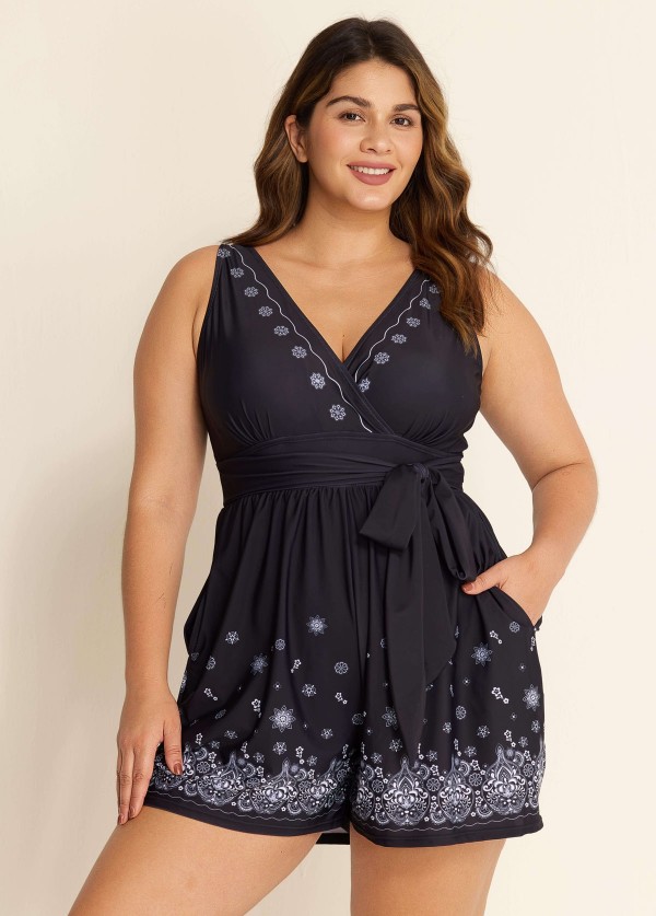 Plus Size Black Paisley Print Pocket Lace Up V Neck Wrap One Piece Swimsuit Swim Romper