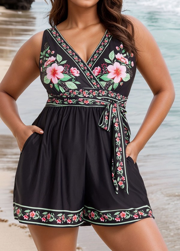 Black Floral Pocket Lace Up V Neck Wrap Curvy One Piece Swimsuit Swim Romper
