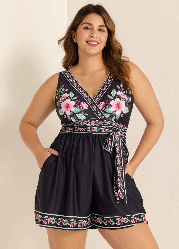 Black Floral Pocket Lace Up V Neck Wrap Curvy One Piece Swimsuit Swim Romper
