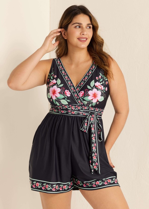 Black Floral Pocket Lace Up V Neck Wrap Curvy One Piece Swimsuit Swim Romper