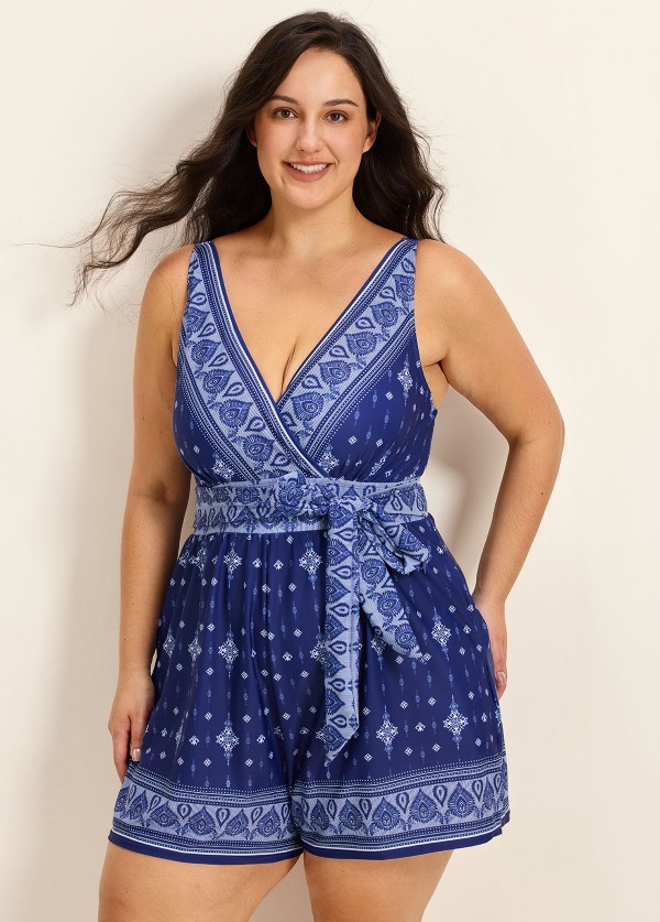 Navy Geometric Print V Neck Modest Wrap Pocket Plus Size Swimsuit One Piece Swim Romper