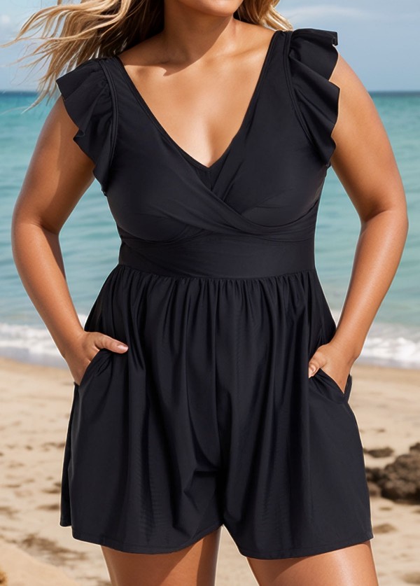 Plus Size Black Twisted Front Ruffled One Piece Swimsuit Swim Romper