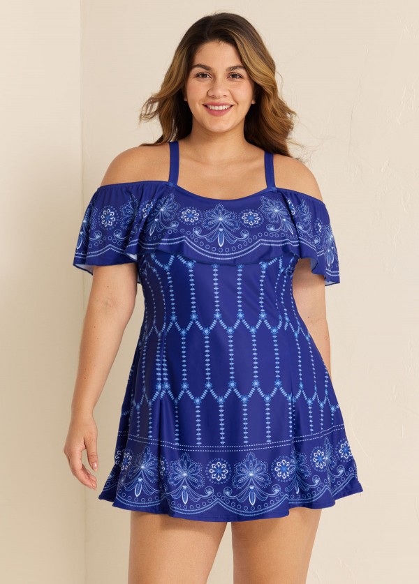 Plus Size Navy Off The Shoulder Line Flowers Women One Piece Swimdress