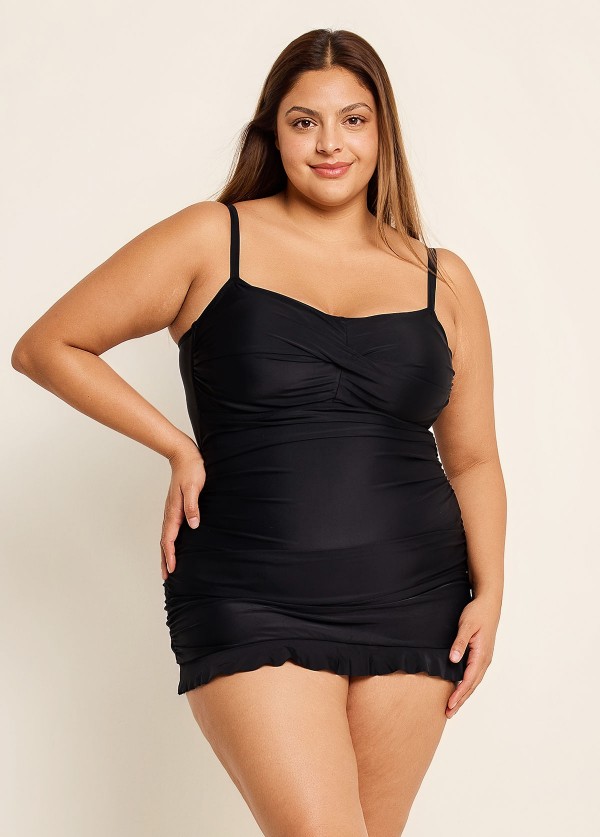 Solid Black Ruched Twisted Front Sexy One Piece Swimdress