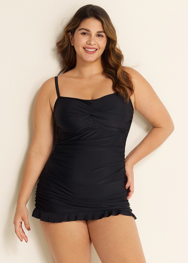 Solid Black Ruched Twisted Front Sexy One Piece Swimdress