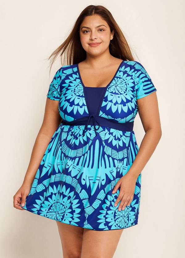 Plus Size Blue Geometric Print Short Sleeve Swimdress Top