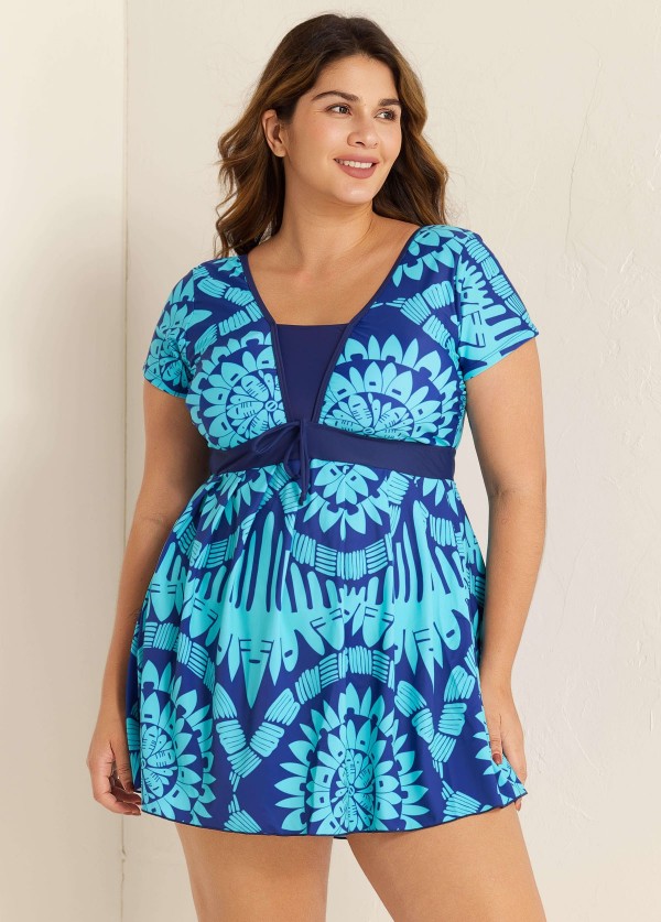 Plus Size Blue Geometric Print Short Sleeve Swimdress Top