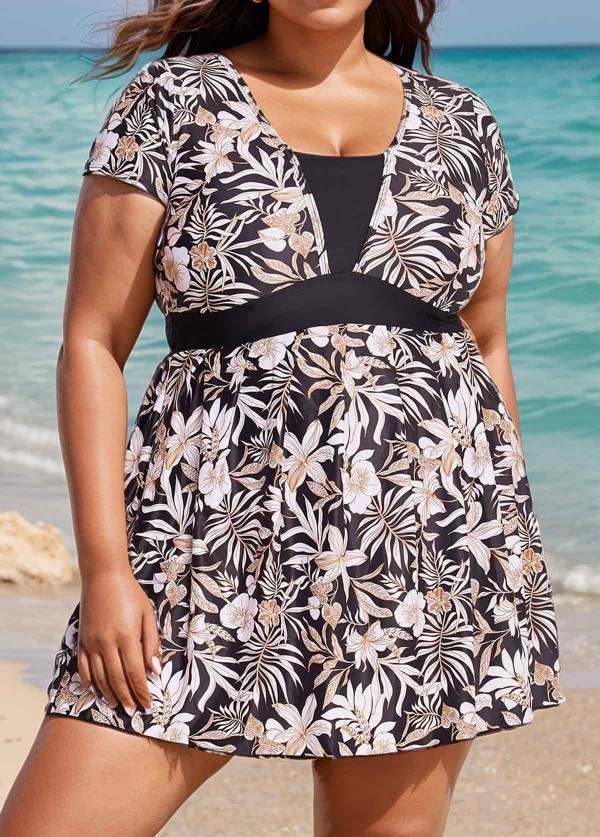 Black Floral Vintage Curvy Swimwear Bathing Suits Swimdress Top