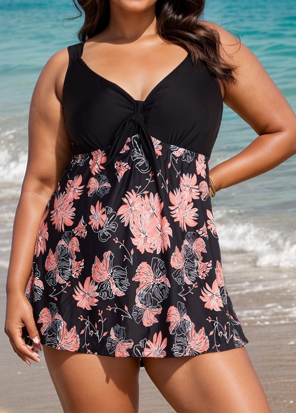 Charming Plus Size Pink Floral Print Knot Front One Piece Swimdress