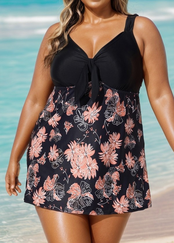 Charming Plus Size Pink Floral Print Knot Front One Piece Swimdress