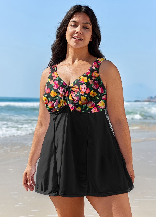 Curvy Red Floral Modest Swimwear Bathing Suits One Piece Swimdress