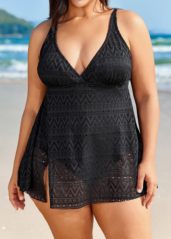 Black Crochet Side Slit V-Neck Graceful One Piece Swimdress