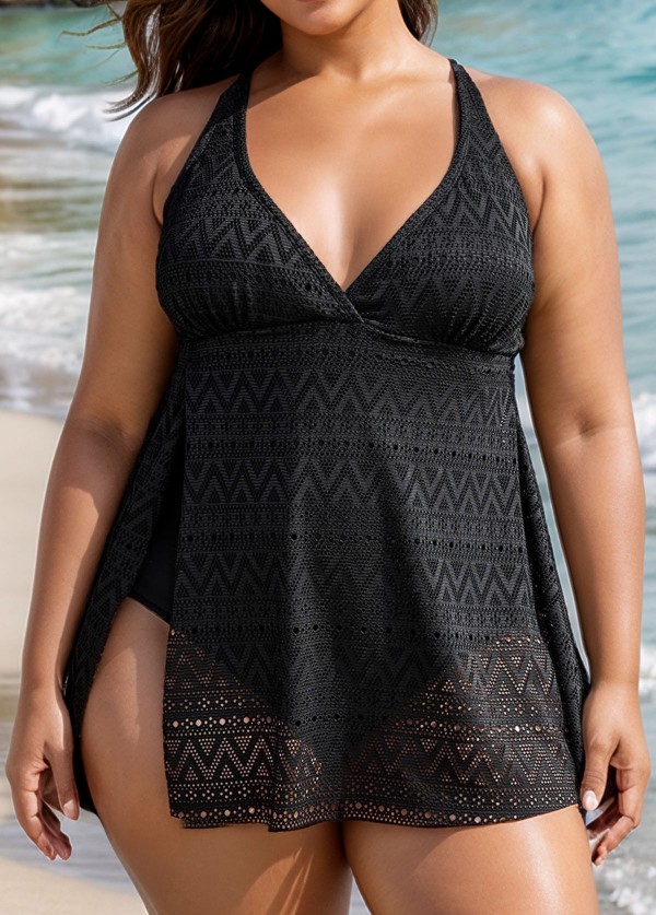 Black Crochet Side Slit V-Neck Graceful One Piece Swimdress
