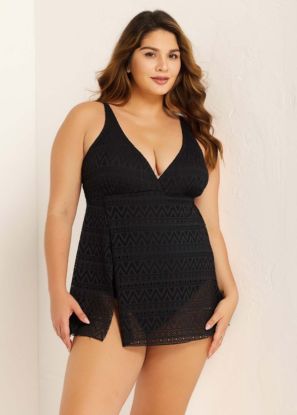 Black Crochet Side Slit V-Neck Graceful One Piece Swimdress