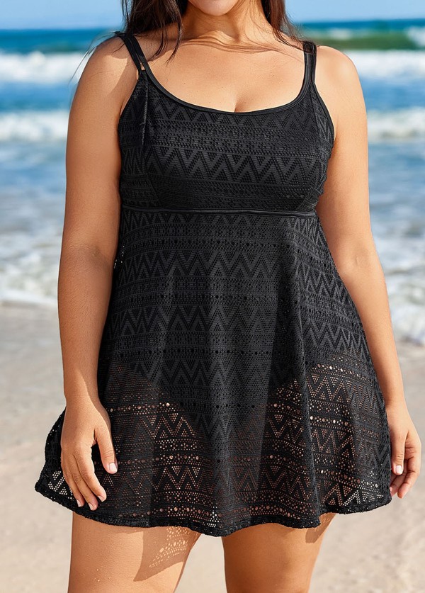 Black Scoopneck Crochet Tummy Control One Piece Swimdress