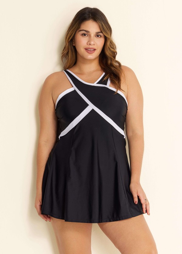 Black And White Cross Front High Neck One Piece Swimdress