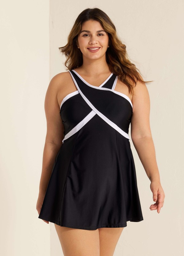 Black And White Cross Front High Neck One Piece Swimdress