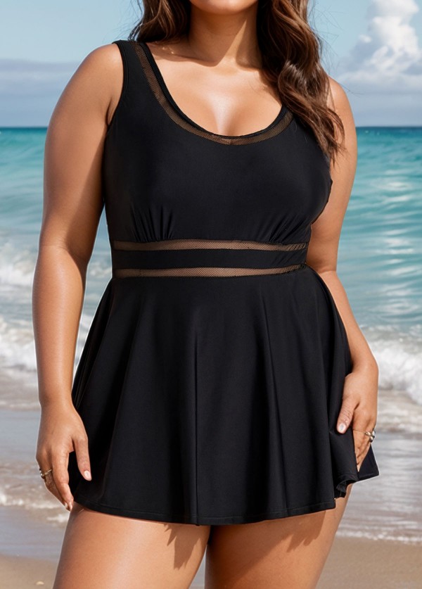 Plus Size V-neck Wide Strap Crochet One Piece Swimdress