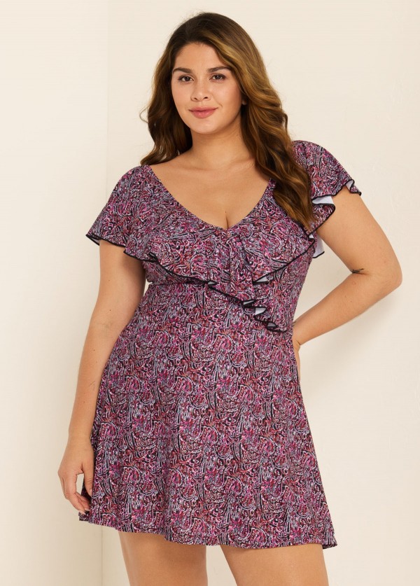 Plus Size Floral Print V-Neck Sleeves Swimdress Top