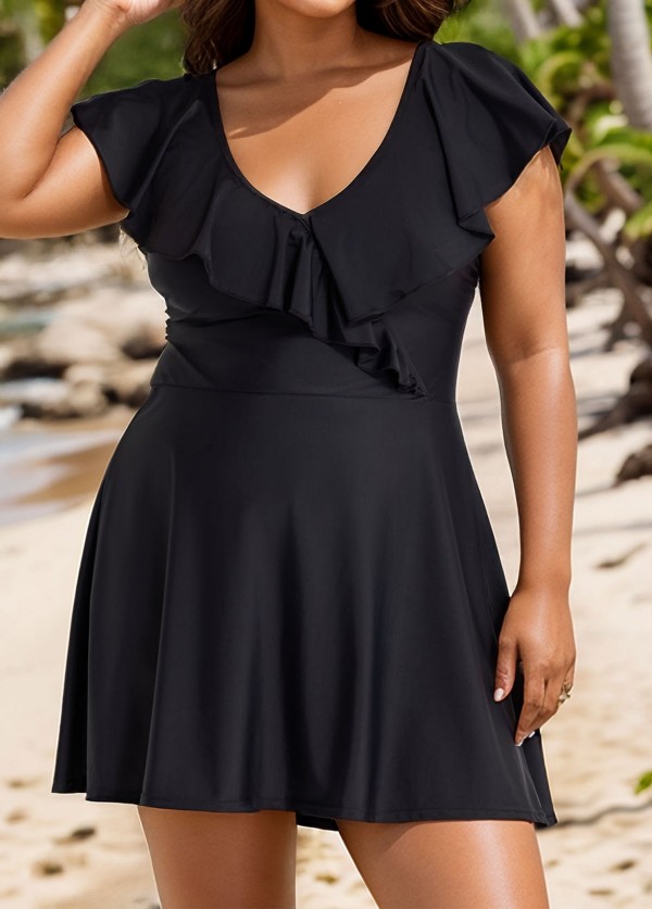 Plus Size Black  V Neck Sleeves Swimdress Set