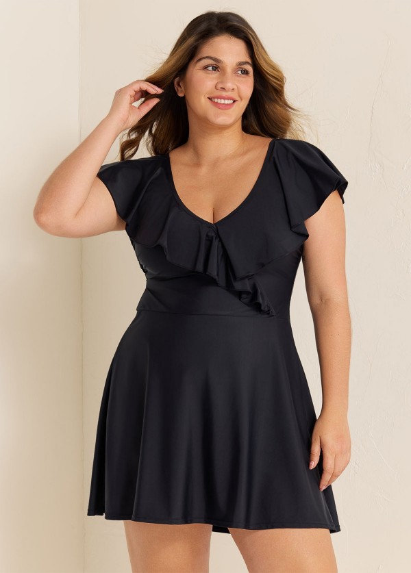 Plus Size Black  V Neck Sleeves Swimdress Set
