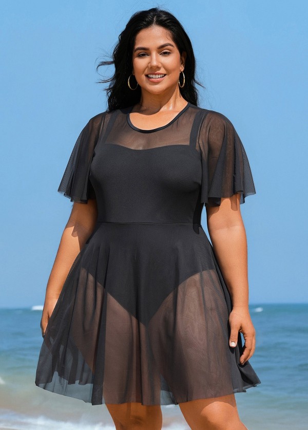 Plus Size Black High Neck Mesh Sleeves One Piece Swimdress