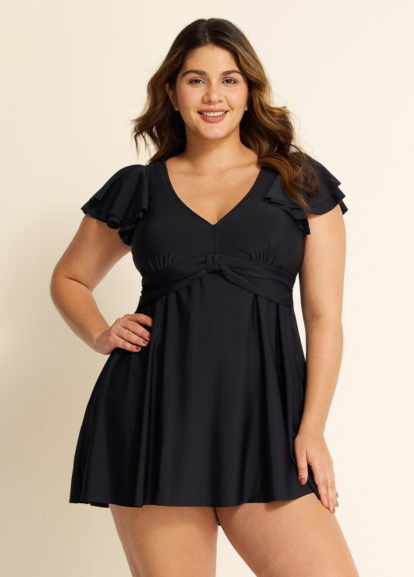 Stylish V Neck Ruffle Sleeves Swimdress Top