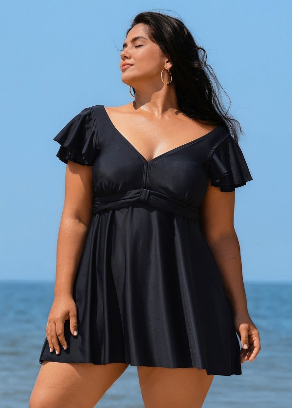Stylish V Neck Ruffle Sleeves Swimdress Set
