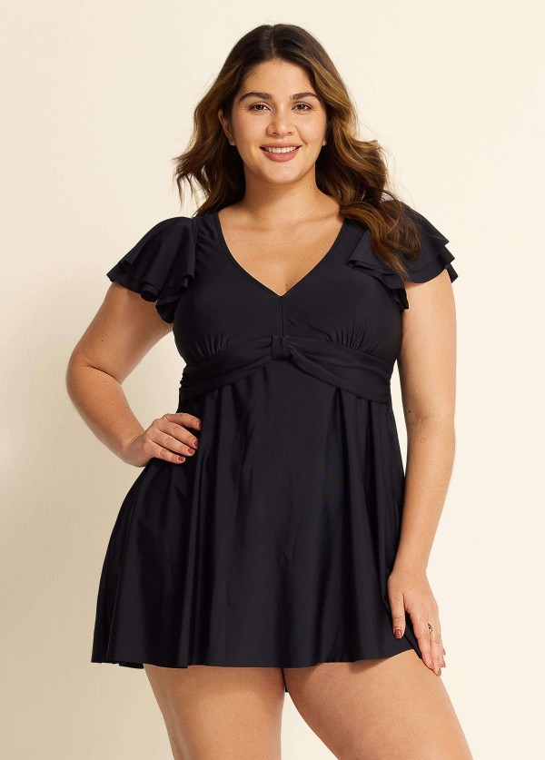 Stylish V Neck Ruffle Sleeves Swimdress Set