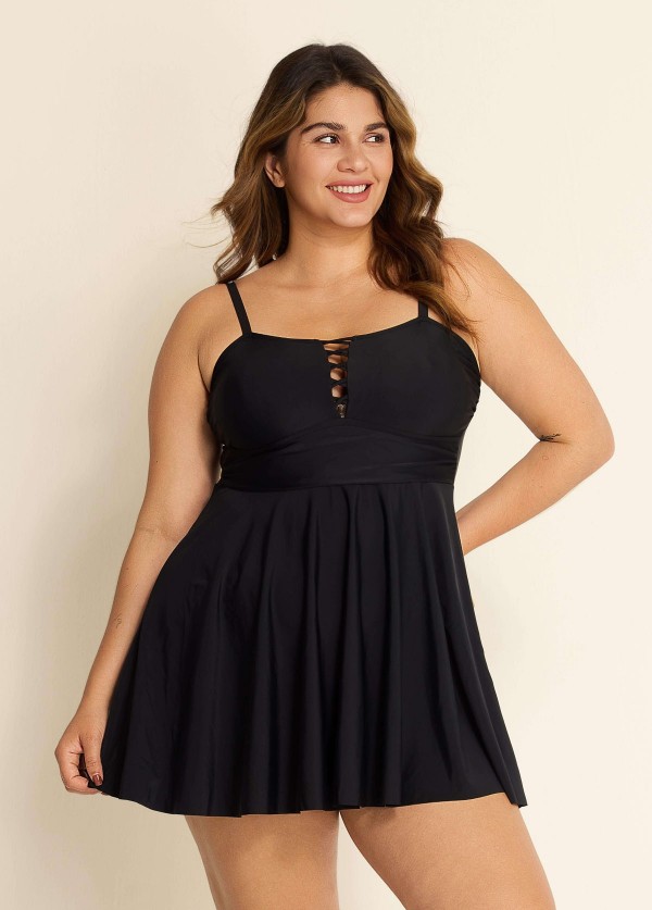 Black Crisscross Detailing Flowy Swimdress Top