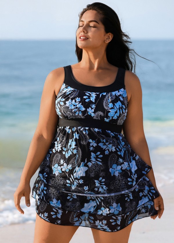 Vintage Blue Floral And Paisley Printed Swimdress Top
