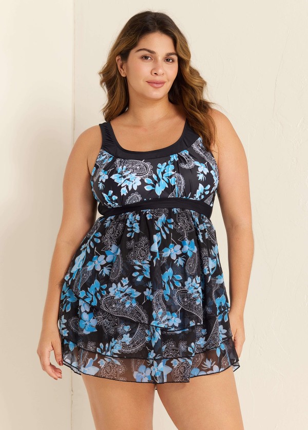 Vintage Blue Floral And Paisley Printed Swimdress Top