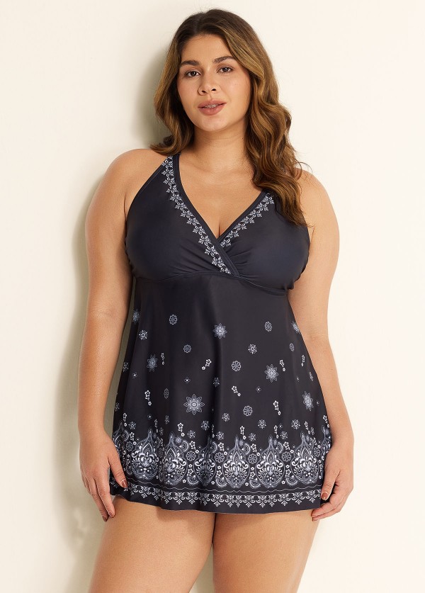 Black Paisley Print V Neck Wrap Plus Size Swimming Suits For Womens Swimdress Set